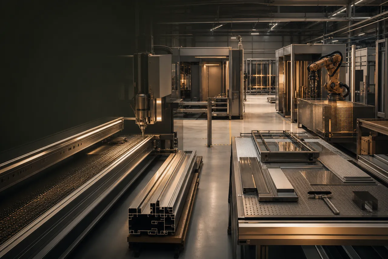 Modern facade manufacturing workshop with CNC machinery and aluminium profiles