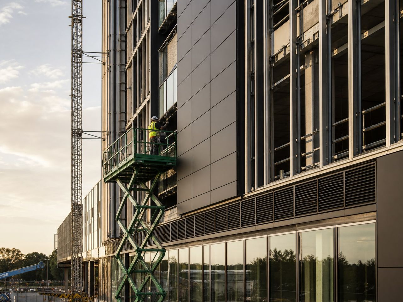 Modern facade installation with access equipment and aluminium facade panels