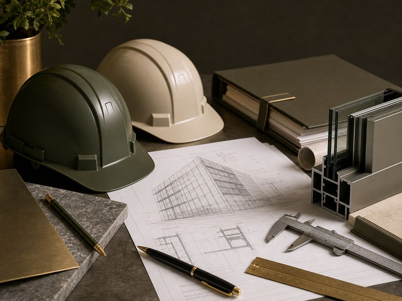 Facade engineering still life with helmets, drawings, tools and aluminium profile samples
