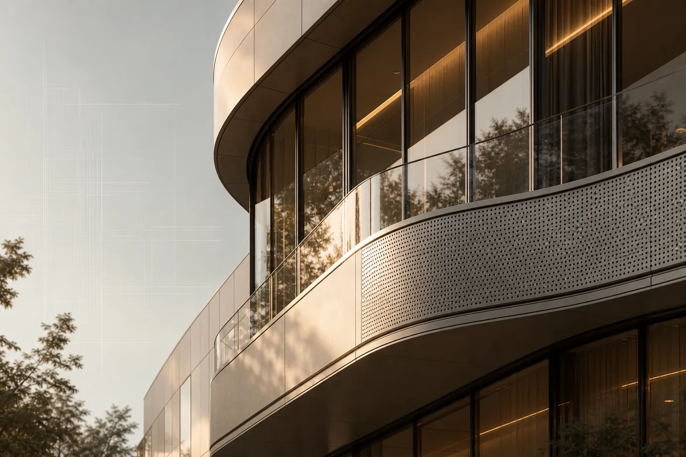 Premium curved residential facade with aluminium glazing and warm cladding